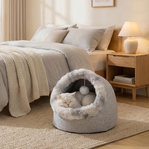 Avont Cat Bed Cave for Indoor Cats, Semi-Enclosed with Washable Cushion