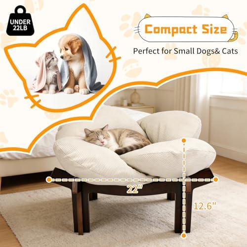 Elevated Wooden Cat Bed with Fluffy Cushion Raised Lounge Sofa