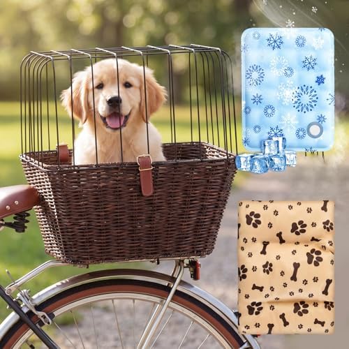 Wicker Dog Bike Basket for Small Dogs up to 8-10 Lbs, Flat-top