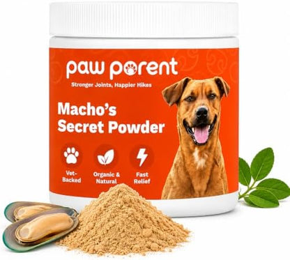 Paw Parent Macho's Secret Powder, Green Lipped Mussel Hip & Joint Powder for Dogs, Spine and Disc Powders, Cardiac Shield Formula with Glucosamine, Msm & Omega-3 for Mobility Support，1Pc