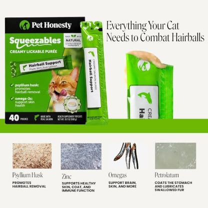 Pet Honesty Vet Backed Hairball Remedy Lickable Puree, Salmon, 40 Ct