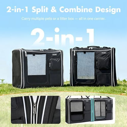 Lekereise Large Cat Carrier Soft Sided, 28" x 13" x 13", Large cat Travel Carrier for 2 Cats with Zipper Locks for Moving Across The Country(No Hammock), Foldable for Storage, Black
