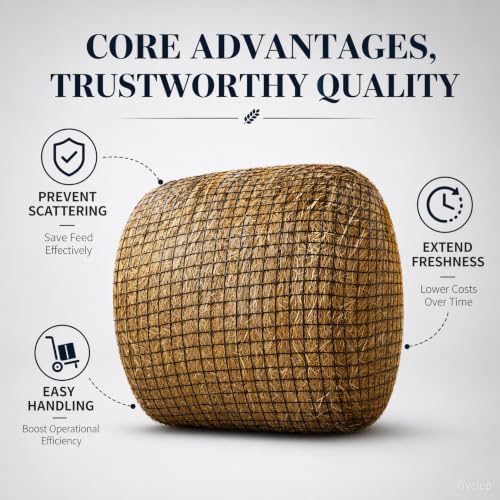5 * 5ft Round Bale Hay Net 1.75" Knotless Slow Feed Hay Net, Heavy Duty Hay Saver Net Holds 800 lbs, UV Resistant Horse Hay Net for Round Bales, Horses, Cattle, Goats & Sheep