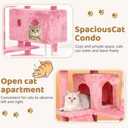 BestOffice 54 Inch Cat Tree, Multi-Level Cat Tower with Condo, Perches, Sisal Scratching Posts, Climbing Ladder,Indoor Activity Center Play House for Kittens & Adult Cats, Pink