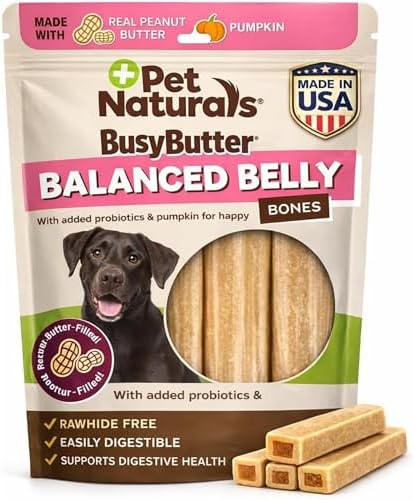 Pet Naturals BusyButter Balanced Belly Peanut Butter Bones, Rawhide-Free Chews for Medium/Large Dogs, Long Lasting Chew Bones, Probiotics and Pumpkin for Gut Health, 4 Count