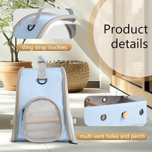 Bird Carrier, Portable Small Bird Parrot Parakeet Carrier with Standing Perch and Soft Mat, Side Access Window Collapsible (Blue, Clear Windows)