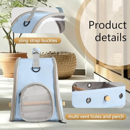 Bird Carrier, Portable Small Bird Parrot Parakeet Carrier with Standing Perch and Soft Mat, Side Access Window Collapsible (Blue, Clear Windows)