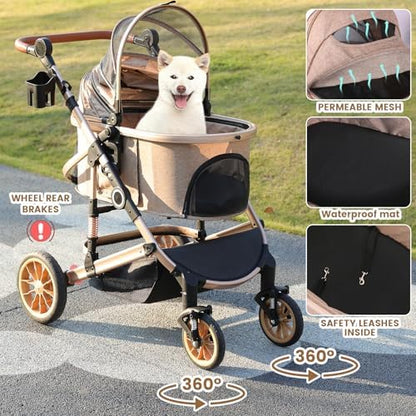 Bicystar Dog Stroller with Detachable Carrier, Rubber Wheels, 50 lbs, Tan