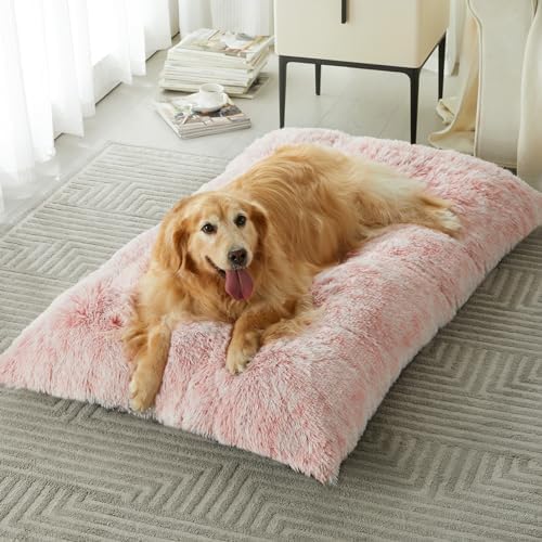 BFPETHOME Dog Beds for Large Dogs, Plush Dog Crate Bed Fluffy Cozy Kennel Pad for Sleeping &Ease Anxiety, Washable Pet Mats with Anti-Slip Bottom for Large Dogs, Pink