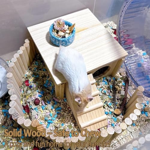 Wooden Hamster Hideout House,Gerbil Hide Hut with Climbing Ladder Platform,Dwarf Syrian Hamster Hideaway Cave Cage Accessories Habitats Decor for Rat Mice Mouse and Other Small Pets