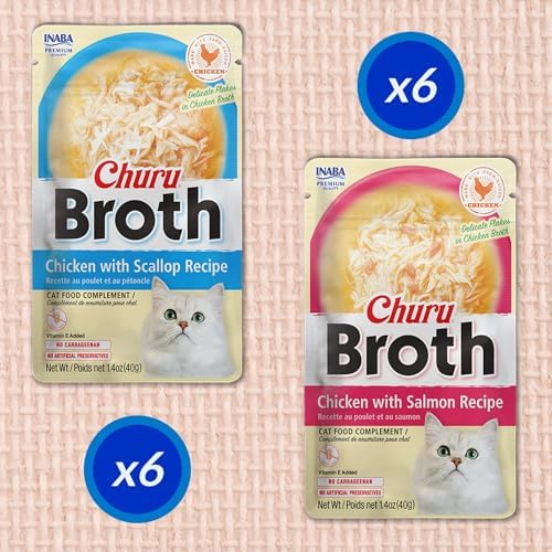 INABA Churu Broth for Cats, Side Dish Pouch, 1.4 Ounces per Pouch, 12 Pouches, Chicken Variety