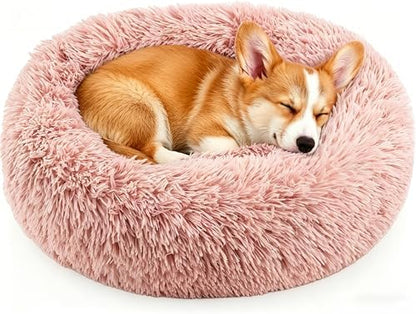Calming Donut Dog and Cat Bed for Indoor Cats, Anti-Anxiety Round Fluffy Soft Washable Small Pet Bed for Puppy and Kitten, Warming Comfortable Luxury Anti-Slip Waterproof Mute Base 20in Pink