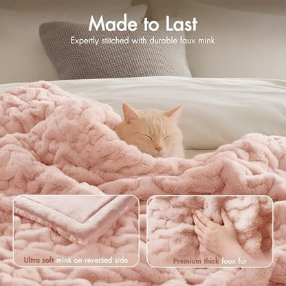 Madison Park Ruched Fur Throw Faux Fur Blanket for Sofa, 50" x 60", Blush