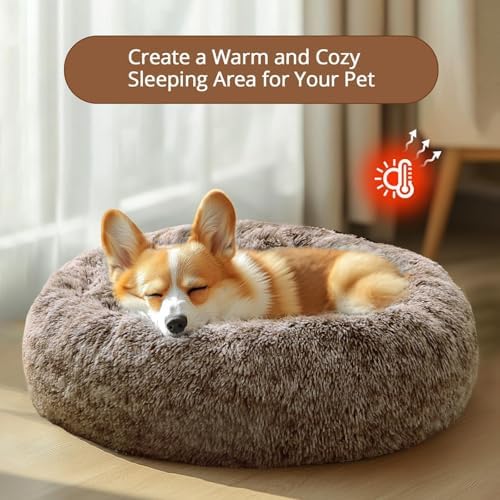 JOLLYVOGUE Calming Small Dog & Cat Bed for Indoor Cats - 20 inches Washable Donut Bed for Kittens & Puppies, Anti-Anxiety Round Fluffy Plush Pet Beds (Fits up to 15 lbs, Smoke Brown)