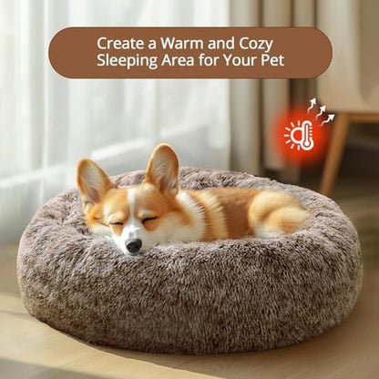 JOLLYVOGUE Calming Small Dog & Cat Bed for Indoor Cats - 20 inches Washable Donut Bed for Kittens & Puppies, Anti-Anxiety Round Fluffy Plush Pet Beds (Fits up to 15 lbs, Smoke Brown)
