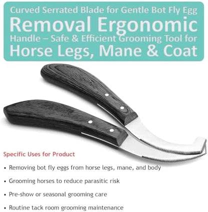 Pro Farrier Grooming Bugs Bot Knife– Stainless Steel Blade, Wooden Handle, Multi-Purpose Mane and Coat Cleaning Tool for Horses, Goats, and Cattle (Black)