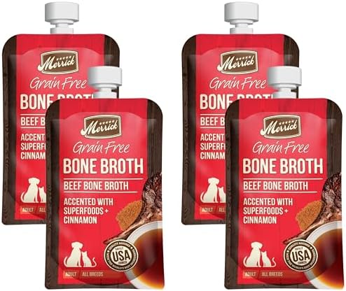 Merrick Grain Free Bone Broth, Premium Human Grade and Gluten Free Dog and Cat Food Topper Pouches, Beef - 7 oz. Pouch (Pack of 4)