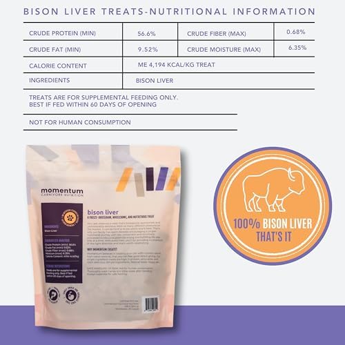 Momentum Carnivore Nutrition Freeze-Dried Bison Liver Dog Treats & Cat Treats – Single-Ingredient, High-Protein, Grain-Free, Lean Novel Protein – Made in USA – 4 oz Bag
