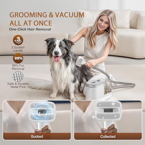 Dog Grooming Vacuum, Dog Grooming Kit, 3 Suction Modes Dog Brush Vacuum with 5 Pet Grooming Tools (Oyster White)