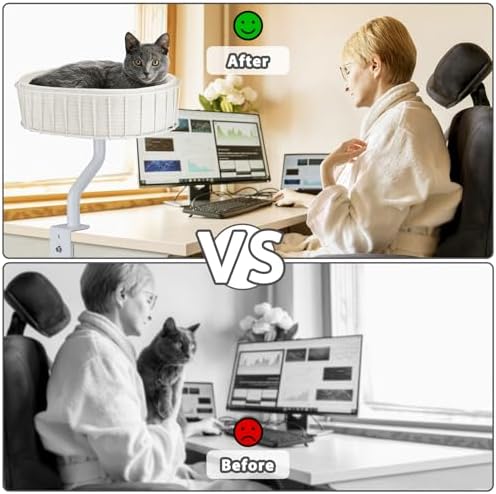 BALORAY Cat Desk Bed : Sturdy Desk Bed for Cat Support 45lbs, Desktop Cats Beds for Tables Game Office,Indoor Use Removable Desks Attachment Cotton Cats Nest,Heavy-Duty Metal Frame and Clamp (White)