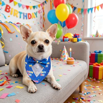 ADOGGYGO Birthday Dog Bandana with Bowtie, Blue Boy Dog Tuxedo, X-Small