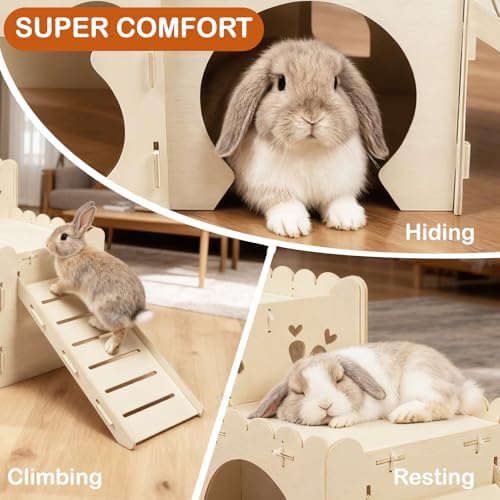Large Rabbit Castle, Wooden Bunny House,Detachable Rabbit Hideaway, Indoor Hamster Castle with Ramp, Small Animal Houses & Habitats for Guinea Pig Chinchilla Ferret(2 House)