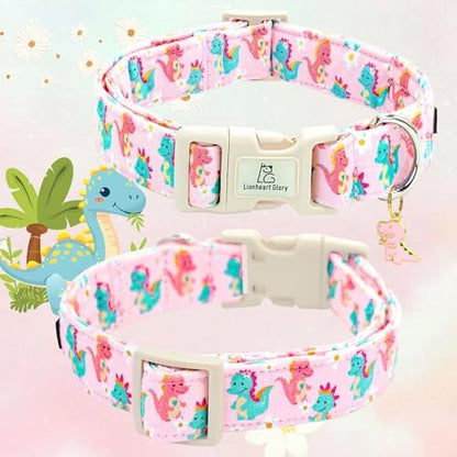 Lionheart glory Dog Collar Dinosaurs Pattern Cute Collar for Small Dogs Spring Summer Female or Male Collars Pets Gift Adjustable Heavy-Duty Pet Collars