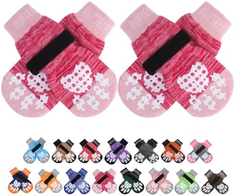 PUPTECK Anti-Slip Dog Socks with Double Sides Grips for Small Medium Large Dogs Hardwood Floors Prevents Licking, Dog Shoes for Hot Pavement Traction Control for Senior Dogs, Fuschia, XL