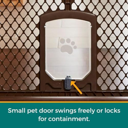MyPet Extra Wide Dog Gate with Small Pet Door. 38.5” to 103.5" Wide. Cat Gate for Doorway. Made in USA. 26" Tall, Brown