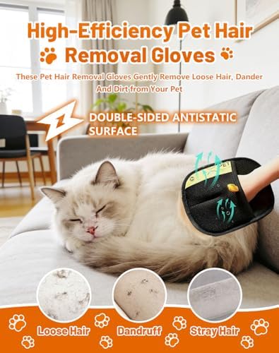 2PCS Hair Removal Glove, Pet Hair Removal Tool, Reusable Removal Tool for Couch, Furniture, Carpet, Car Seat, Cat Grooming Tools