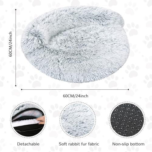 Round Cat Bed Washable, Ultra Soft Couch Bolster, 24 Inch, Grey