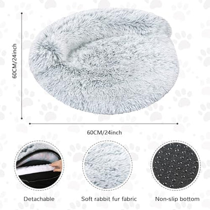 Round Cat Bed Washable, Ultra Soft Couch Bolster, 24 Inch, Grey