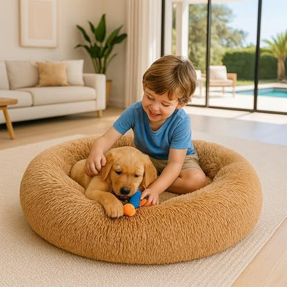 Calming Dog Bed - Fluffy Donut Cuddler for Anxiety Relief, Orthopedic Pet Bed with Non-Slip Bottom, Cozy Round Faux Fur Nest for Dogs and Cats, Plush Crate Mat for Comfort (Camel, Small +)
