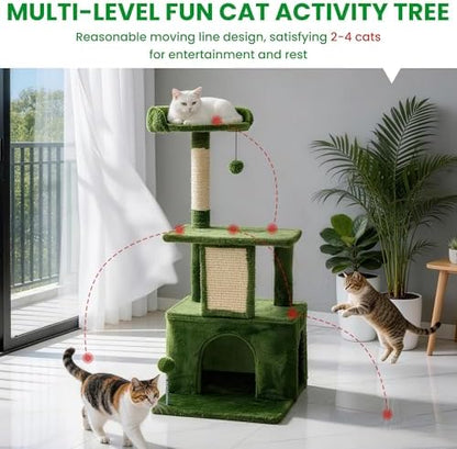 32.8inch Small Cat Tree Tower Condo for Indoor Cats, Soft Plush Multi-Level Climbing Tree Cat House with Cat Cave, Scratching Post, Sisal Rope, Green