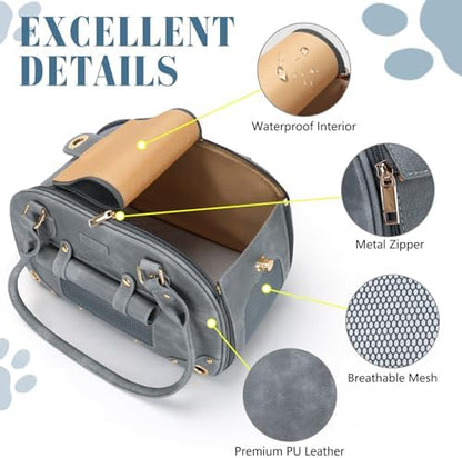 Dog Carrier Purse, Pet Bag Bling Waterproof Premium Leather Pet Travel Portable Bag for Cat and Small Dog Home & Outdoor Small Grey