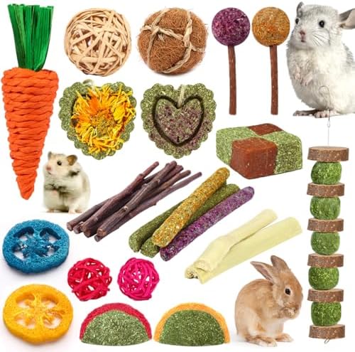 YIXUND Rabbit & Guinea Pig Toys - Natural Timothy Hay & Apple Wood Sticks for Teeth Care - Handmade for Hamster, Bunny, Chinchilla (27 Pcs)