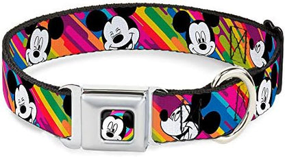 Disney Pet Collar, Dog Collar Metal Seatbelt Buckle, Mickey Mouse Expressions Multi Color White Black, 13 to 17 Inches 1.5 Inch Wide