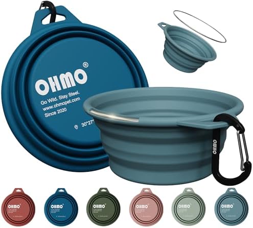 OHMO Small Collapsible Dog Bowls, Steel Rim, 12oz, 2pcs, Dark&Light Blue