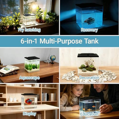 0.8-Gallon Cube Small Fish Tank, Shatterproof Plastic Fish Tank with LED Lighting, Temporary Fish Bowl for Fry, Isolation, Education & Decoration