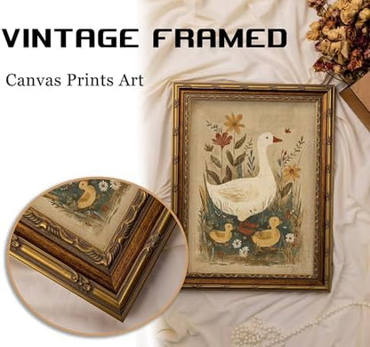 Vintage Gold Framed Goose Wall Art, Retro Floral Farm Animal Oil Painting Canvas Print, Antique Neutral Cottagecore Duck Wall Decor, Rustic Farmhouse Poster Artwork for Nursery Bedroom Living Room