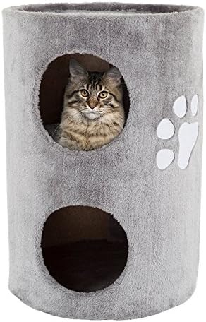 20.5-Inch Cat Condo - 2 Story Cat House with Sisal Scratch Pad, Barrel Shaped Pet House Covered in Soft Fabric by PETMAKER (Gray)