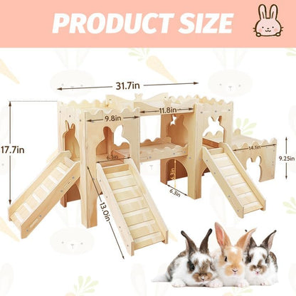 Extra Large Wooden Rabbit Castle Hideaway Tunnel and Bed Small Animal Hideaway Hut Solid Safe Construction Play Hideaway Hut for Rabbit Guinea Pig Chinchilla