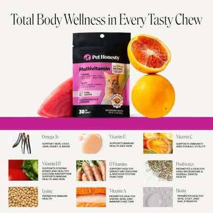 Cat Multivitamin Crunchy Creamy Chews - Daily Vitamins with Lysine, Prebiotics, Omega 3 Fish Oil - Cat Treats for Immune Support, Skin Coat, Digestion, Heart + Joint Health (Tuna, 30-Day Supply)
