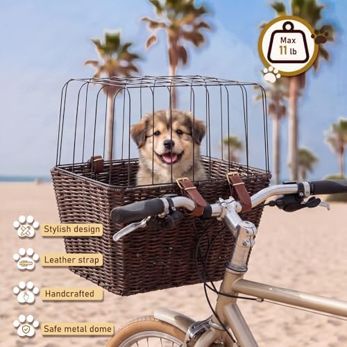 Wicker Dog Bike Basket for Small Dogs up to 8-10 Lbs, Flat-top