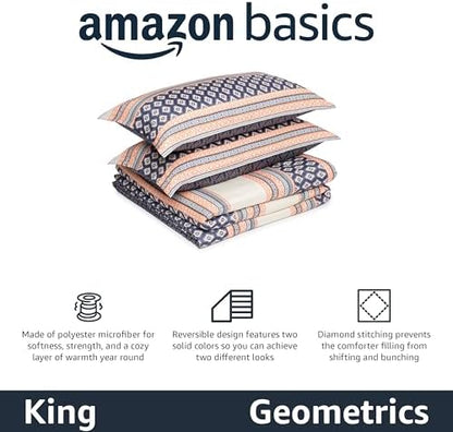 Amazon Basics Lightweight Microfiber Comforter Set, 3-Piece, Gray Geometrics, King