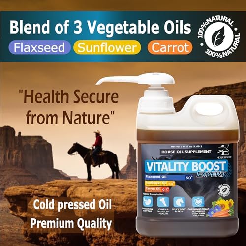 Equine & Horse Oil Supplement 3 Natural Oils Flaxseed Sunflower Carrot Omega 3 6 9 Vitamin E Silky Coat & Hoof Digestion Facilitator Joint Health Cardiovascular System Benefits-Pump Included