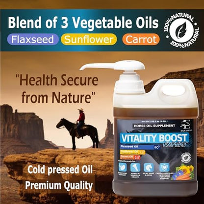 Equine & Horse Oil Supplement 3 Natural Oils Flaxseed Sunflower Carrot Omega 3 6 9 Vitamin E Silky Coat & Hoof Digestion Facilitator Joint Health Cardiovascular System Benefits-Pump Included