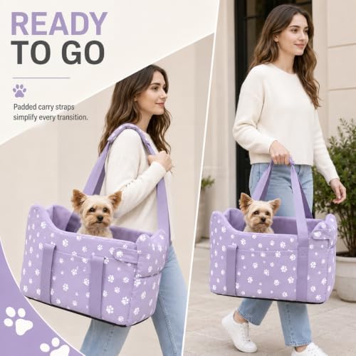 Center Console Dog Car Seat Safe Travel for Small Dogs Under 15 lbs Detachable Washable Pet Carrier with Storage Pockets & Safety Leash (Purple)