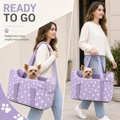 Center Console Dog Car Seat Safe Travel for Small Dogs Under 15 lbs Detachable Washable Pet Carrier with Storage Pockets & Safety Leash (Purple)