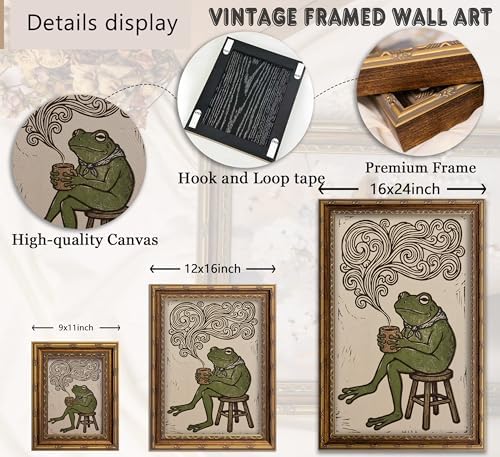 Vintage Gold Framed Frog Wall Art, Funny Frog Drinking Coffee Canvas Print, Whimsical Animal Wall Decor, Cottagecore Picture Poster, Rustic Farmhouse Artwork for Nursery Bedroom Living Room